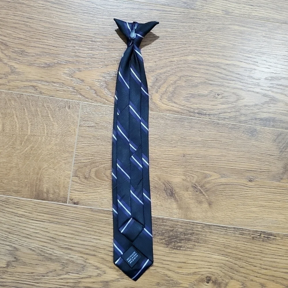 CLIP On Striped Necktie Tie Black Purple Silver Striped Young Boys